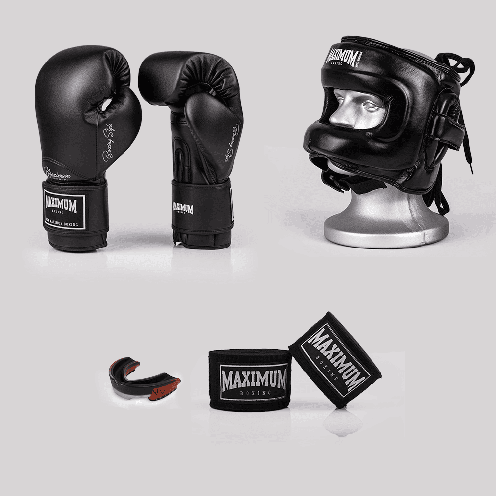 Kit luva de boxe classic black + bucal vermelho + bandagem preta + capacete de boxe frontal