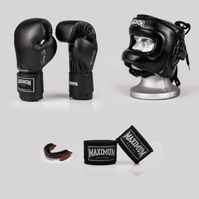 Kit luva de boxe classic black + bucal vermelho + bandagem preta + capacete de boxe frontal