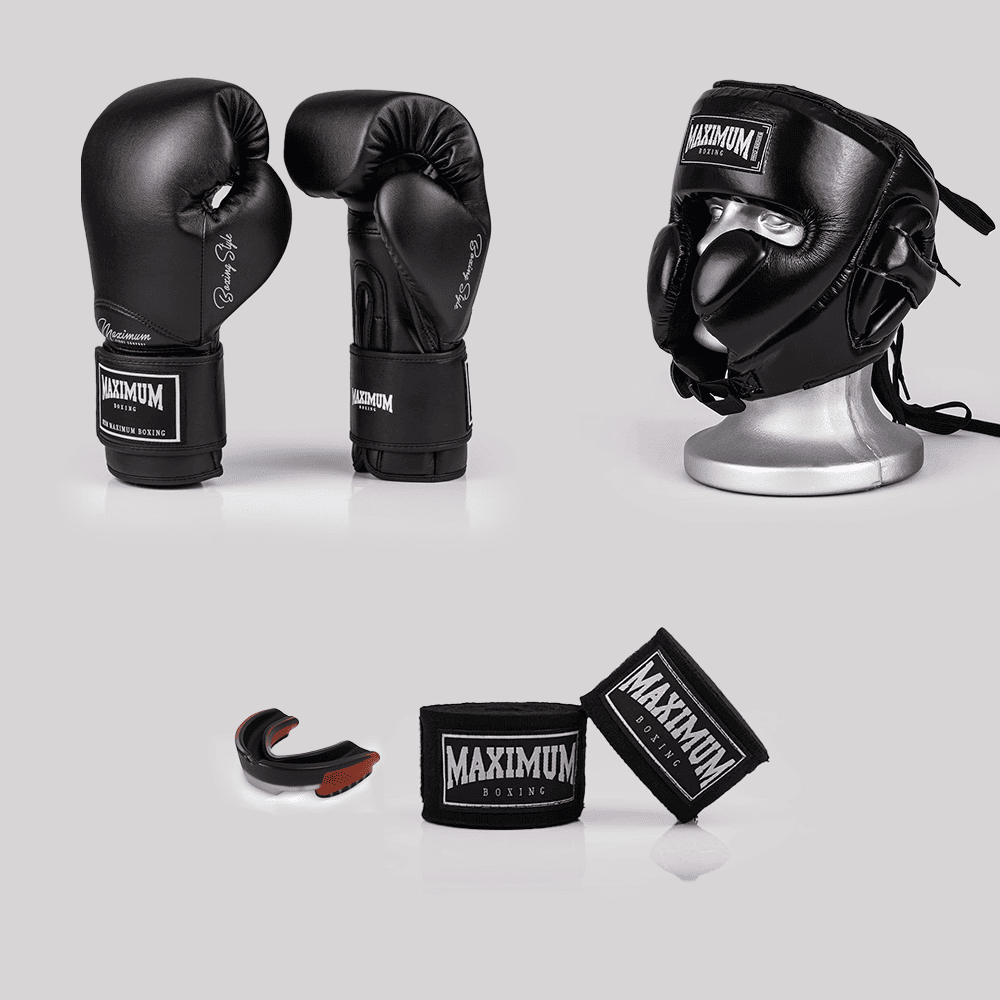 Kit luva de boxe classic black + bucal vermelho + bandagem preta + capacete de boxe lateral
