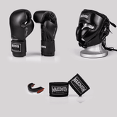 Kit luva de boxe classic black + bucal vermelho + bandagem preta + capacete de boxe lateral