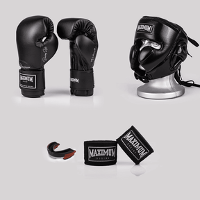 Kit luva de boxe classic black + bucal vermelho + bandagem preta + capacete de boxe lateral