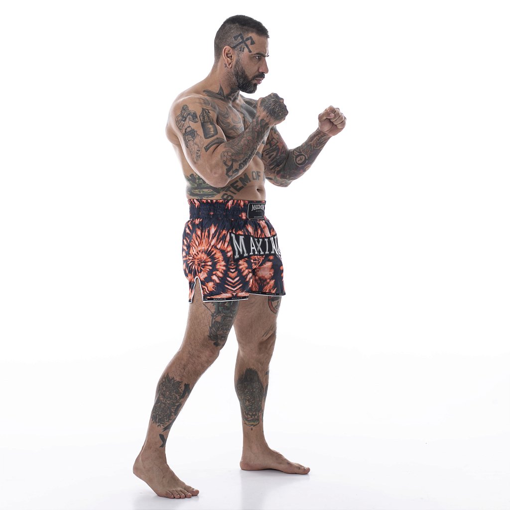 Shorts de Muay Thai Maximum Tie Dye Laranja - Logo Prata