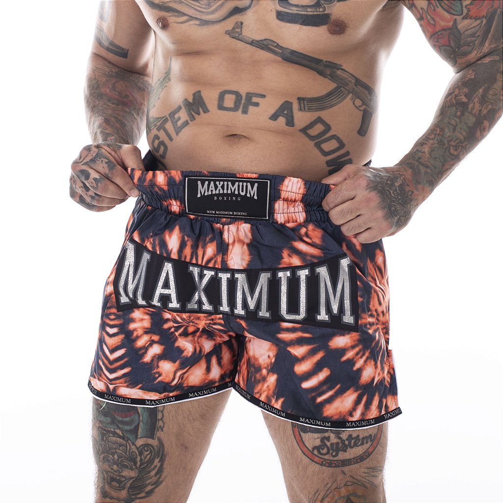 Shorts de Muay Thai Maximum Tie Dye Laranja - Logo Prata
