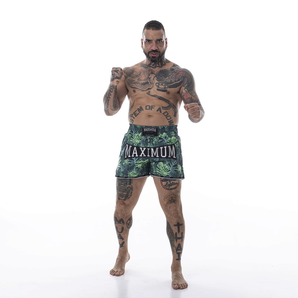 Shorts de Muay Thai Folhas Verde - Logo Prata