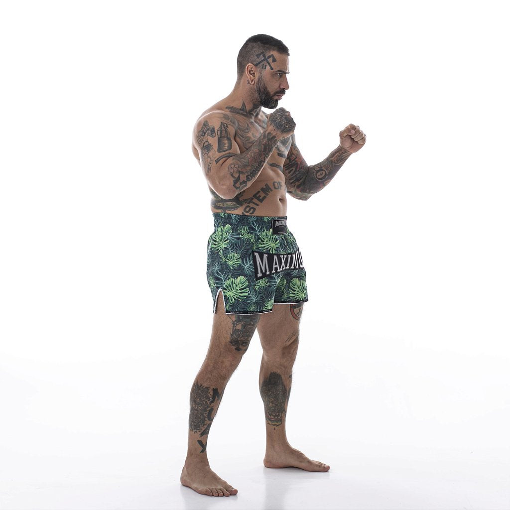 Shorts de Muay Thai Folhas Verde - Logo Prata