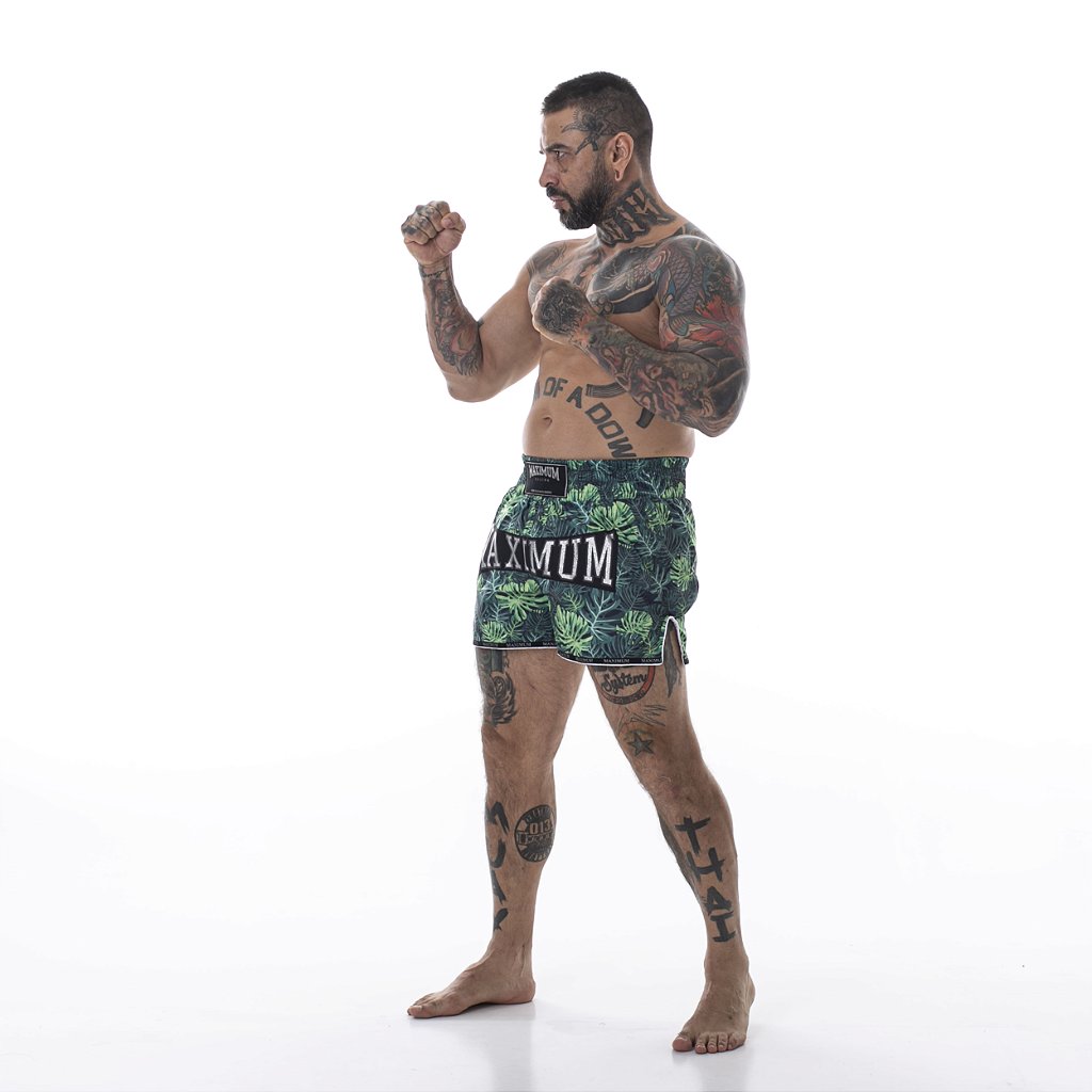 Shorts de Muay Thai Folhas Verde - Logo Prata