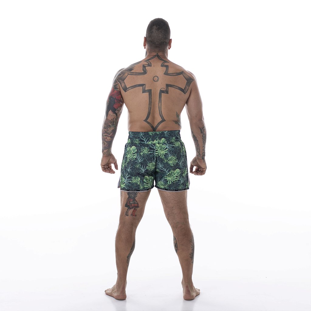 Shorts de Muay Thai Folhas Verde - Logo Prata