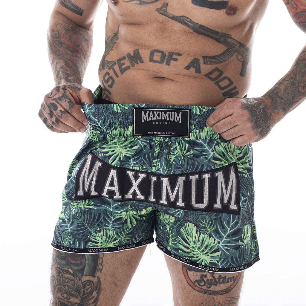Shorts de Muay Thai Folhas Verde - Logo Prata
