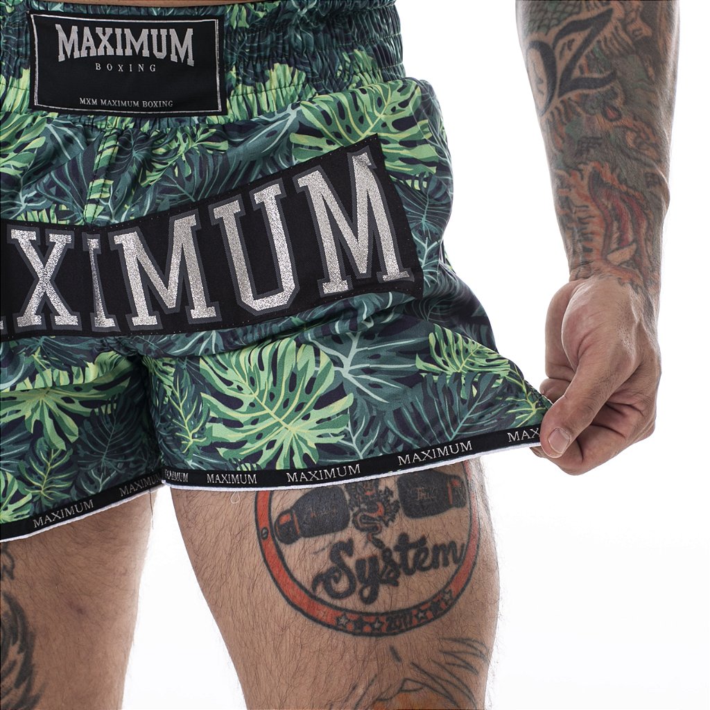 Shorts de Muay Thai Folhas Verde - Logo Prata