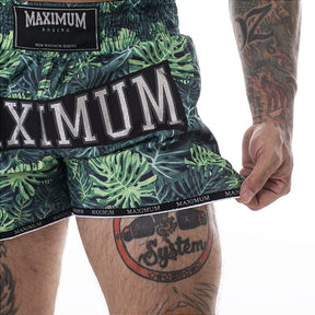 Shorts de Muay Thai Folhas Verde - Logo Prata